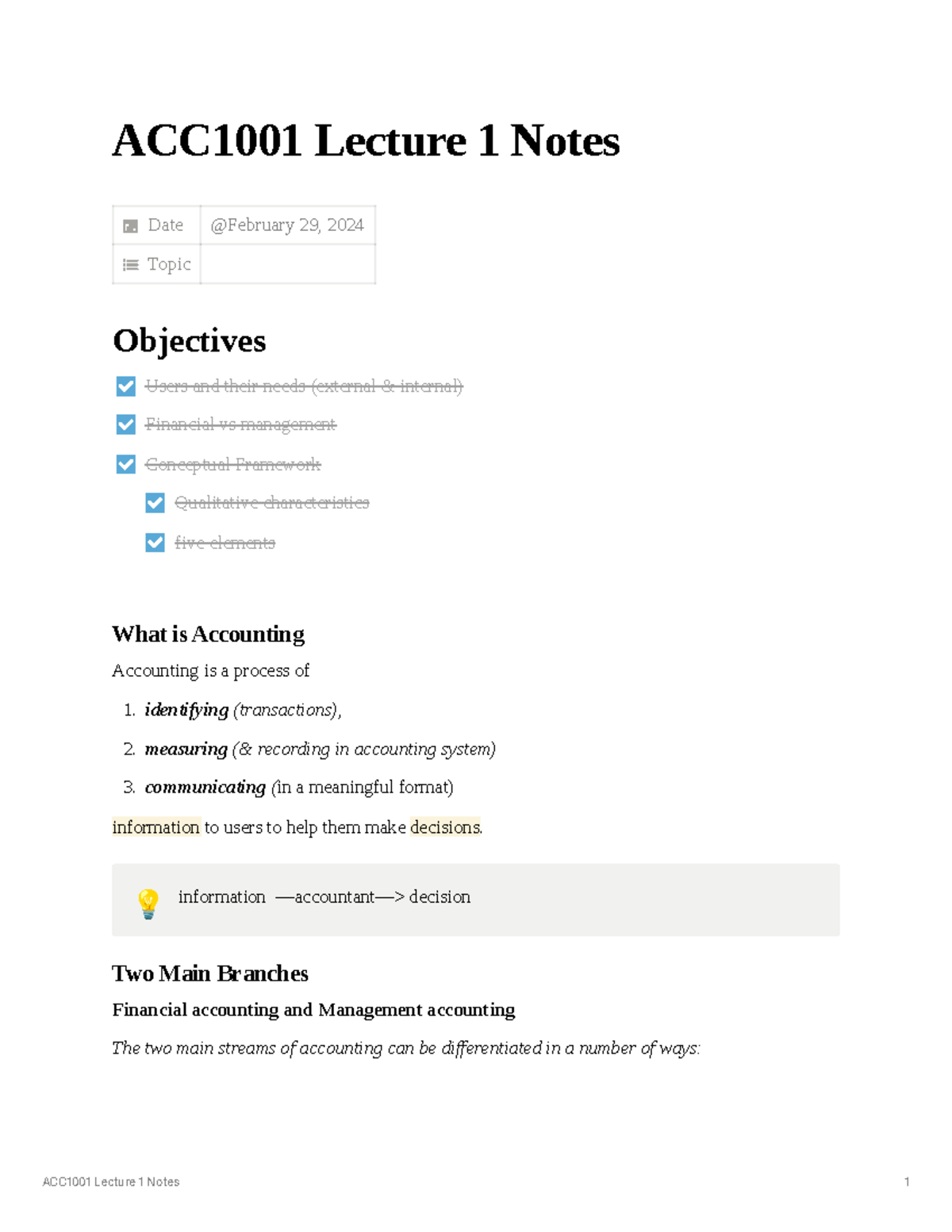 ACC1001 Lecture 1 Notes - ACC1001 Lecture 1 Notes Date Topic Objectives ...