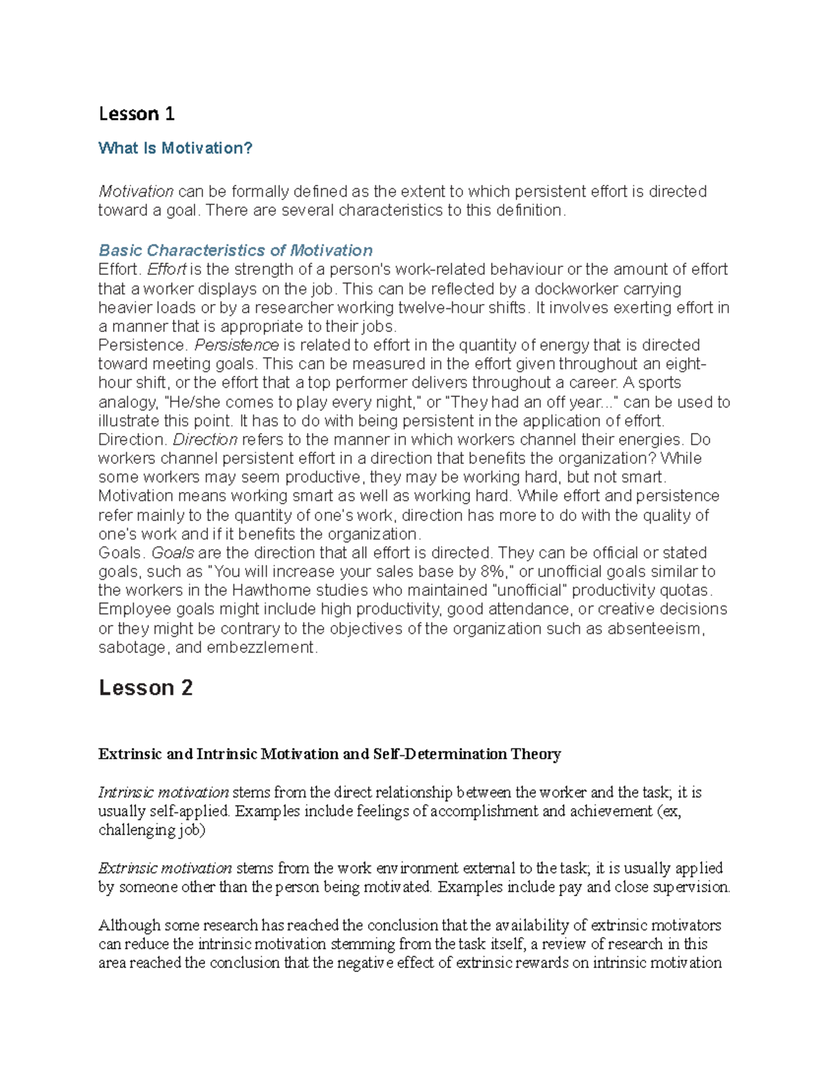 Week 5 3310 course notes - Lesson 1 What Is Motivation? Motivation can ...