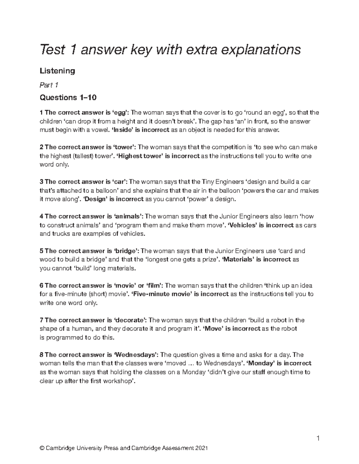 Ielts 16, Test 1 answer key, Listening - 1 Test 1 answer key with extra ...