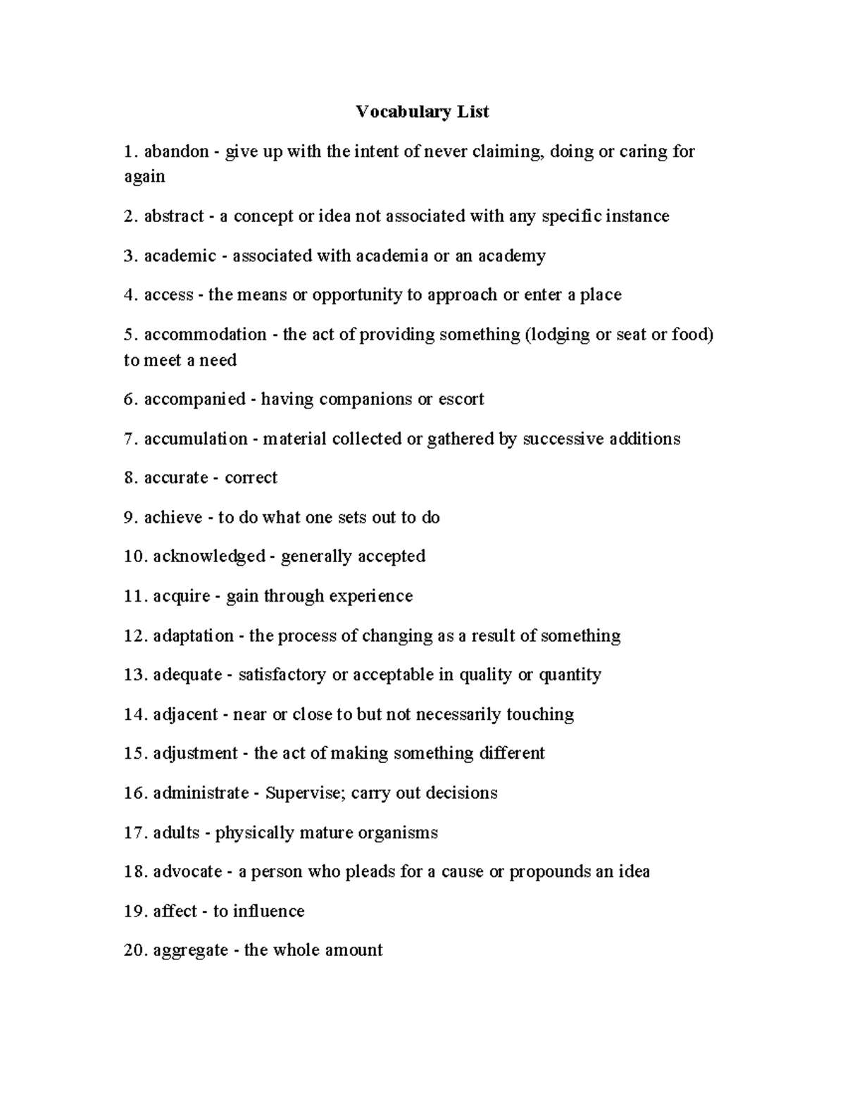 Vocabulary List 1: Key Terms and Definitions for Study - Studocu