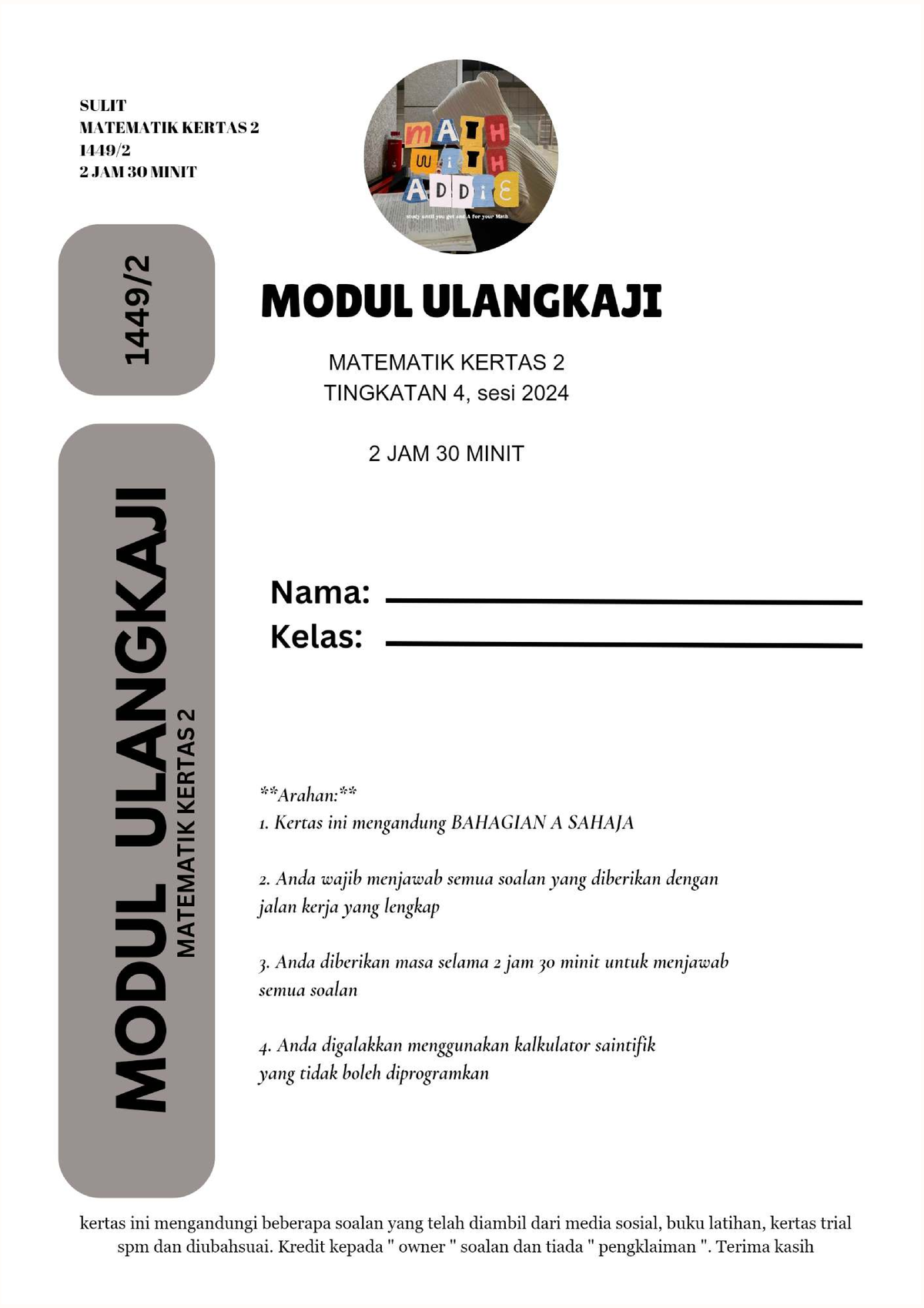 Modul MATH F4 - Latihan Matematik Kertas 2 Sesi 2024 - Studocu