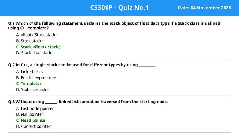 CS301P Quiz No.1 - Stack and Linked List Concepts - Studocu