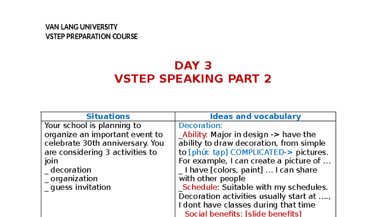 VAN LANG UNIVERSITY VSTEP PREPARATION DAY 3 SPEAKING PART 2 - Studocu
