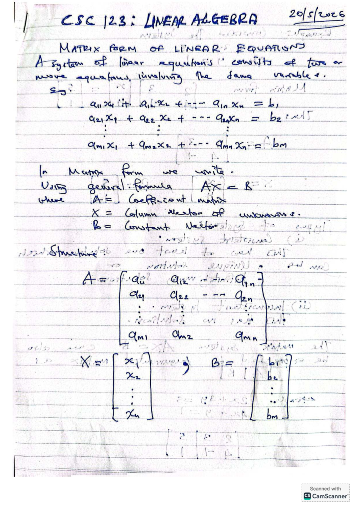 CSC 123: Linear Algebra Lecture 2 - Matrix Form of Linear Equations ...