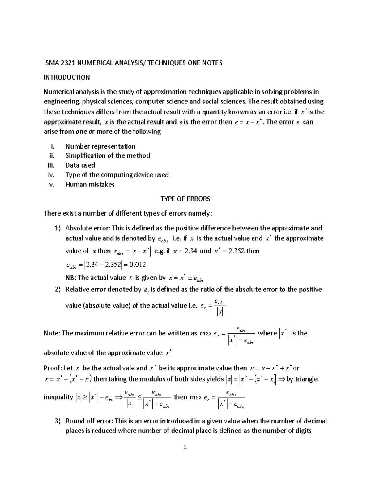 SMA 2321 Numerical Techniques: Error Analysis and Finite Differences ...