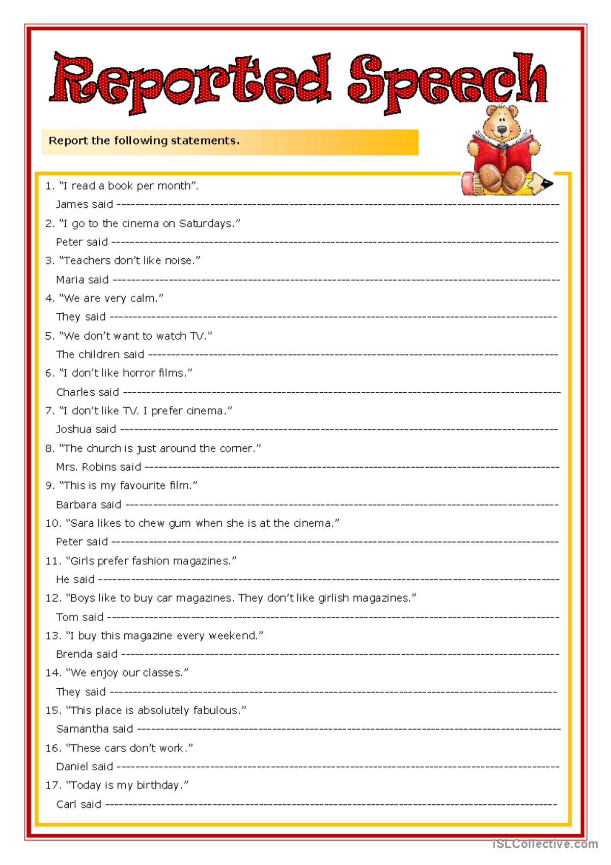 Reported Speech Exercises - Practice & Solutions - Studocu