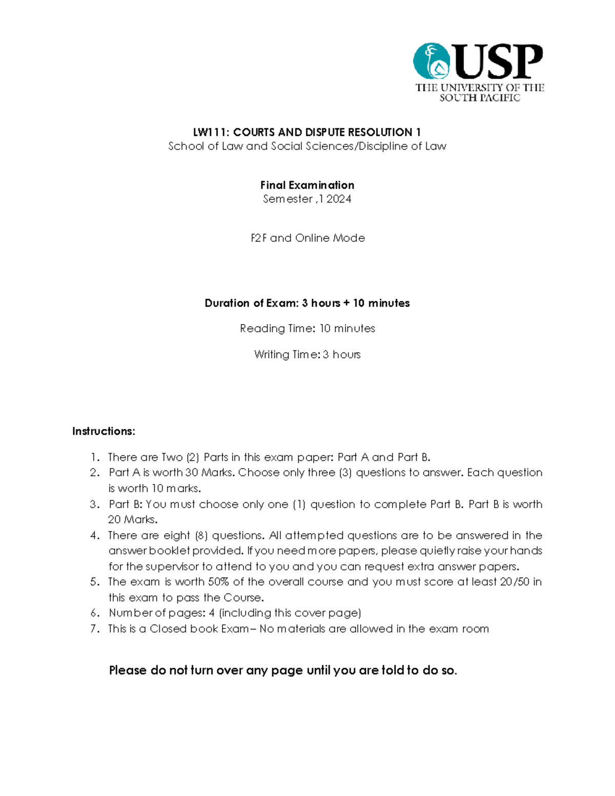 LW111 Courts and Dispute Resolution Final Exam 2024 - Studocu