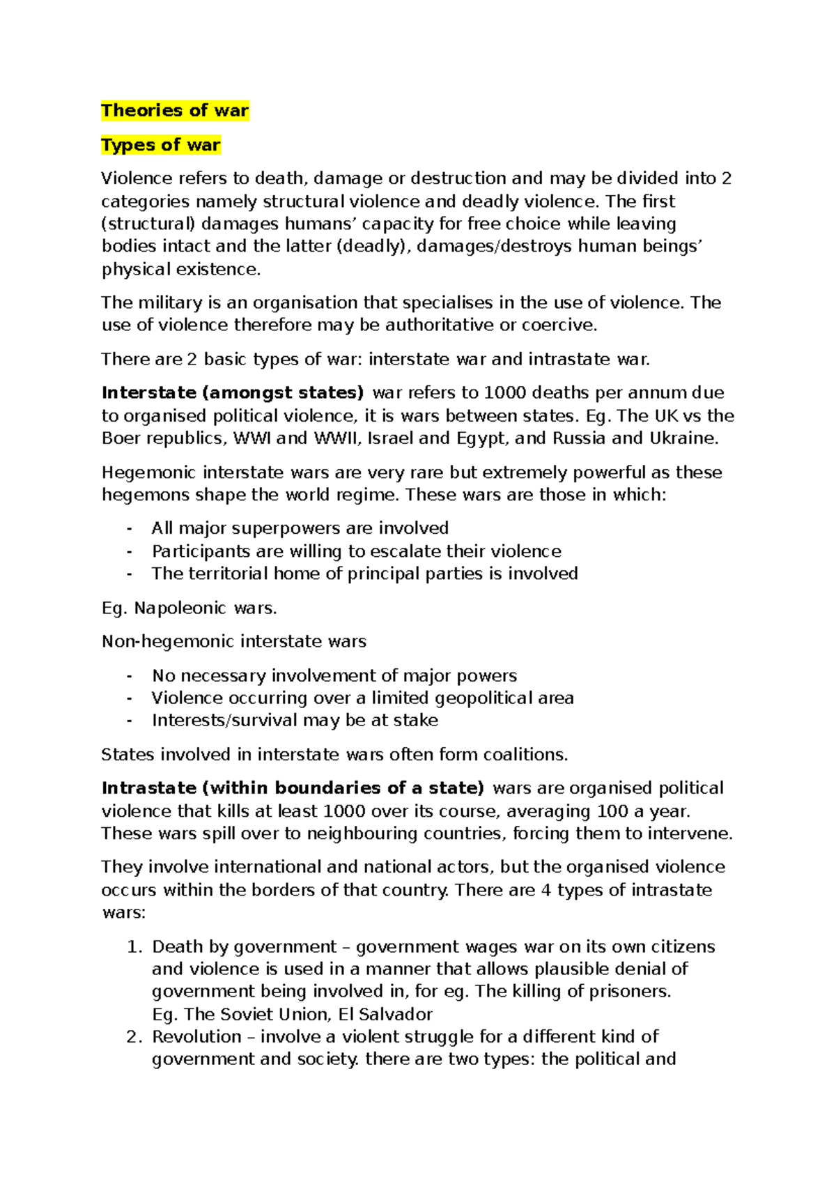 Theories of war - Summary Introduction to Politics B - Theories of war ...