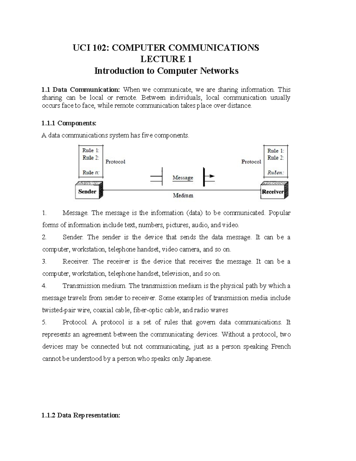 UCI 102: COMPUTER COMMUNICATIONS LECTURE 1 - Intro to Data ...