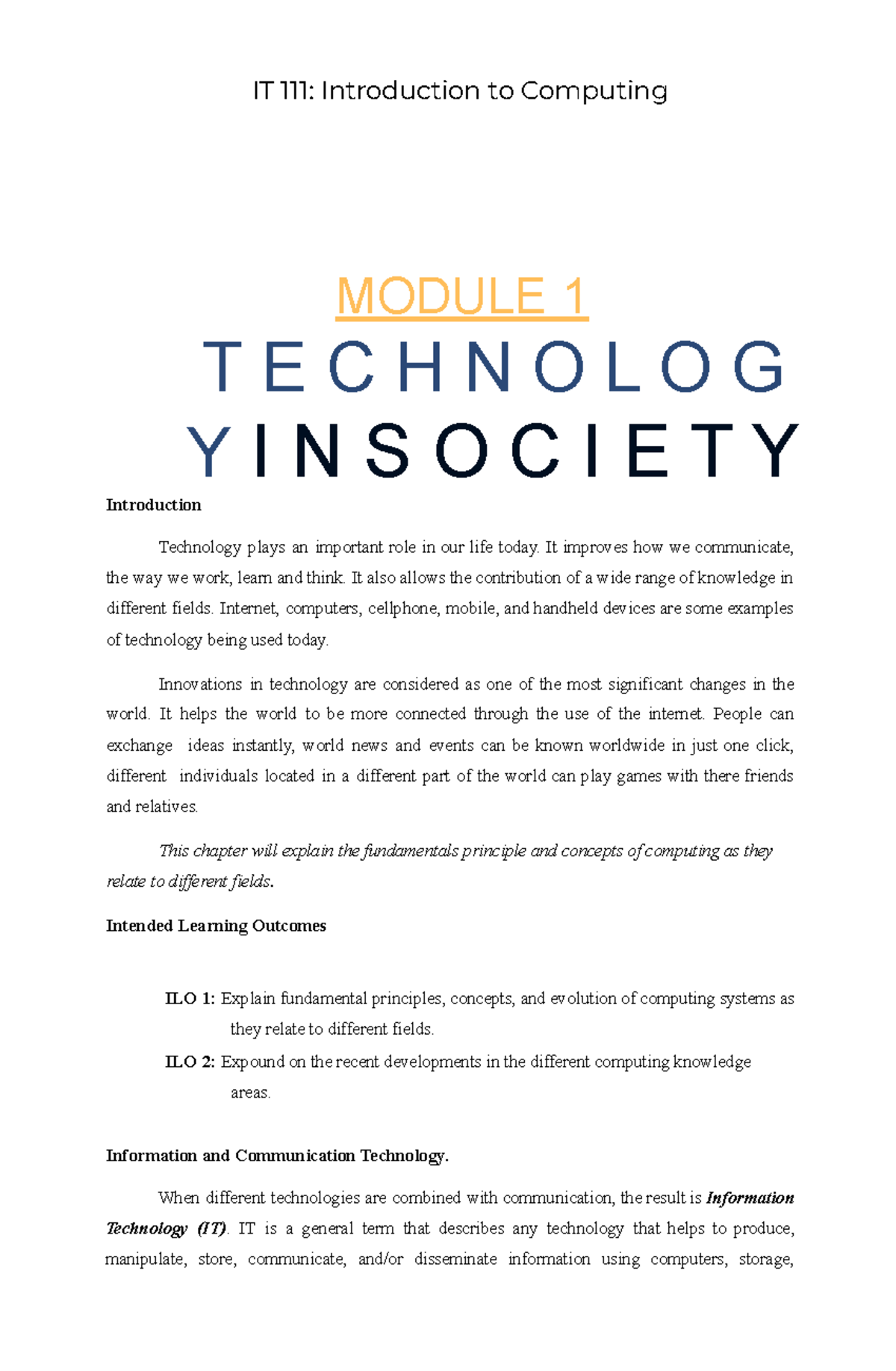 IT 111 - Module 1: The Impact of Technology on Society - Studocu