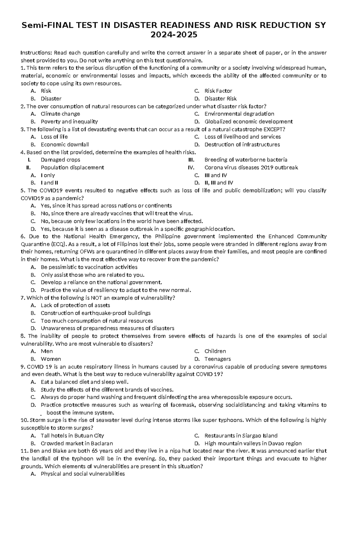 DRRR Final Examination for final - Semi-FINAL TEST IN DISASTER ...