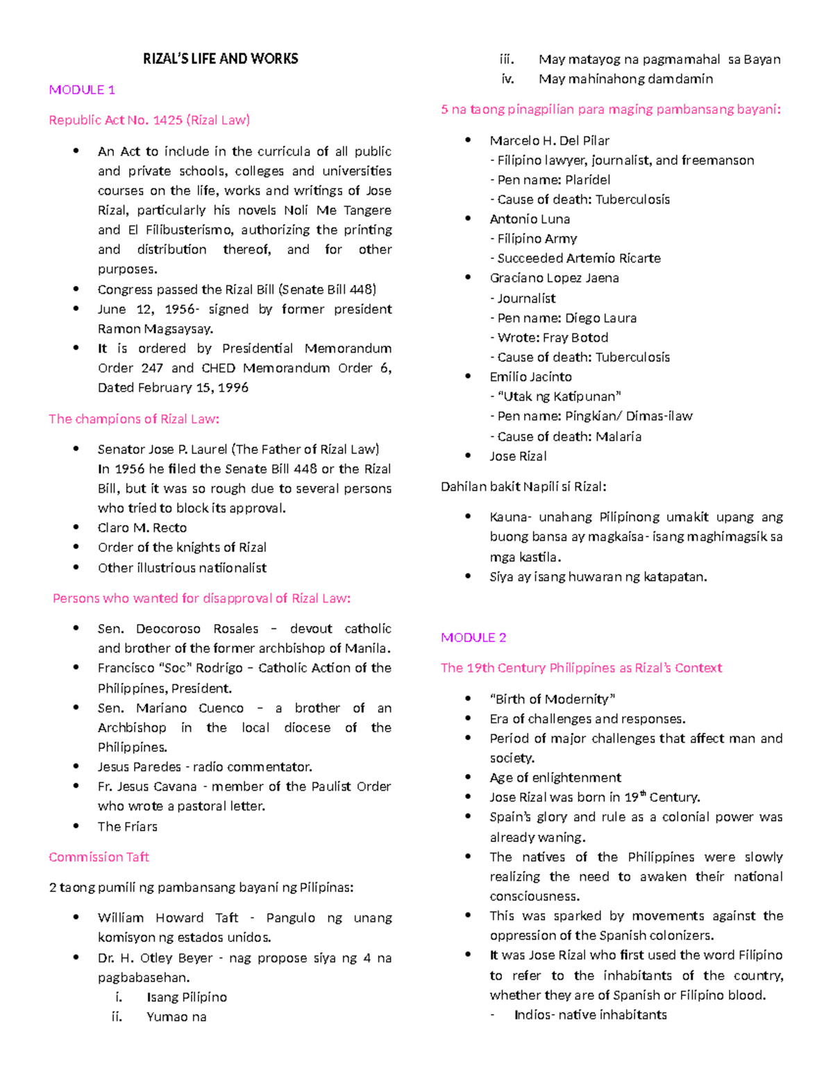 Rizal's Life and Works: Comprehensive Reviewer for Quiz 1 - Studocu