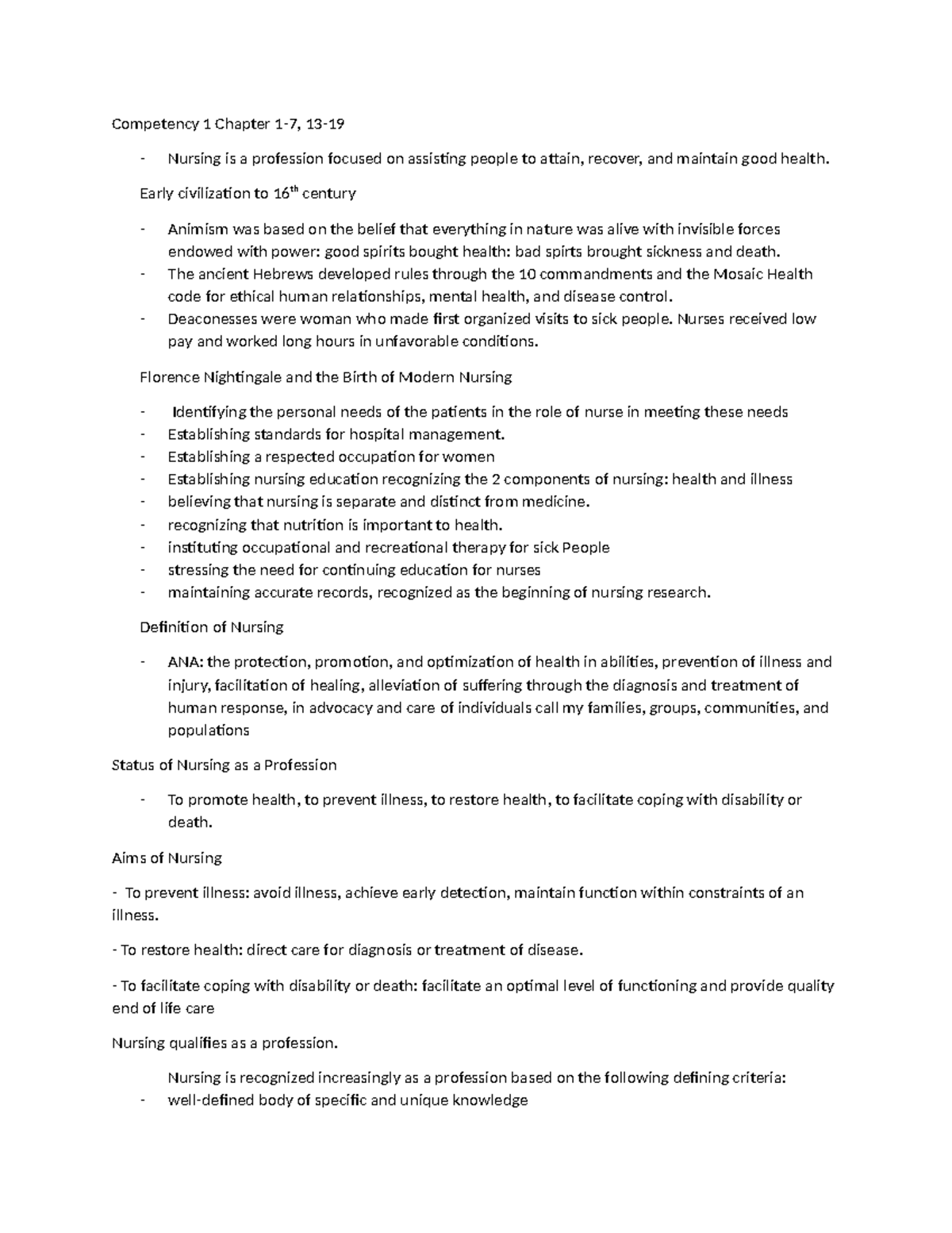 Nur 1020: Comprehensive Notes on Nursing Competency 1 (Ch. 1-7, 13 ...