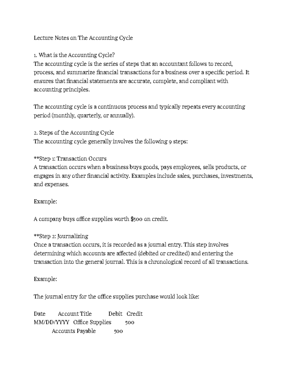 Lecture 2 - Lecture Notes on The Accounting Cycle What is the ...