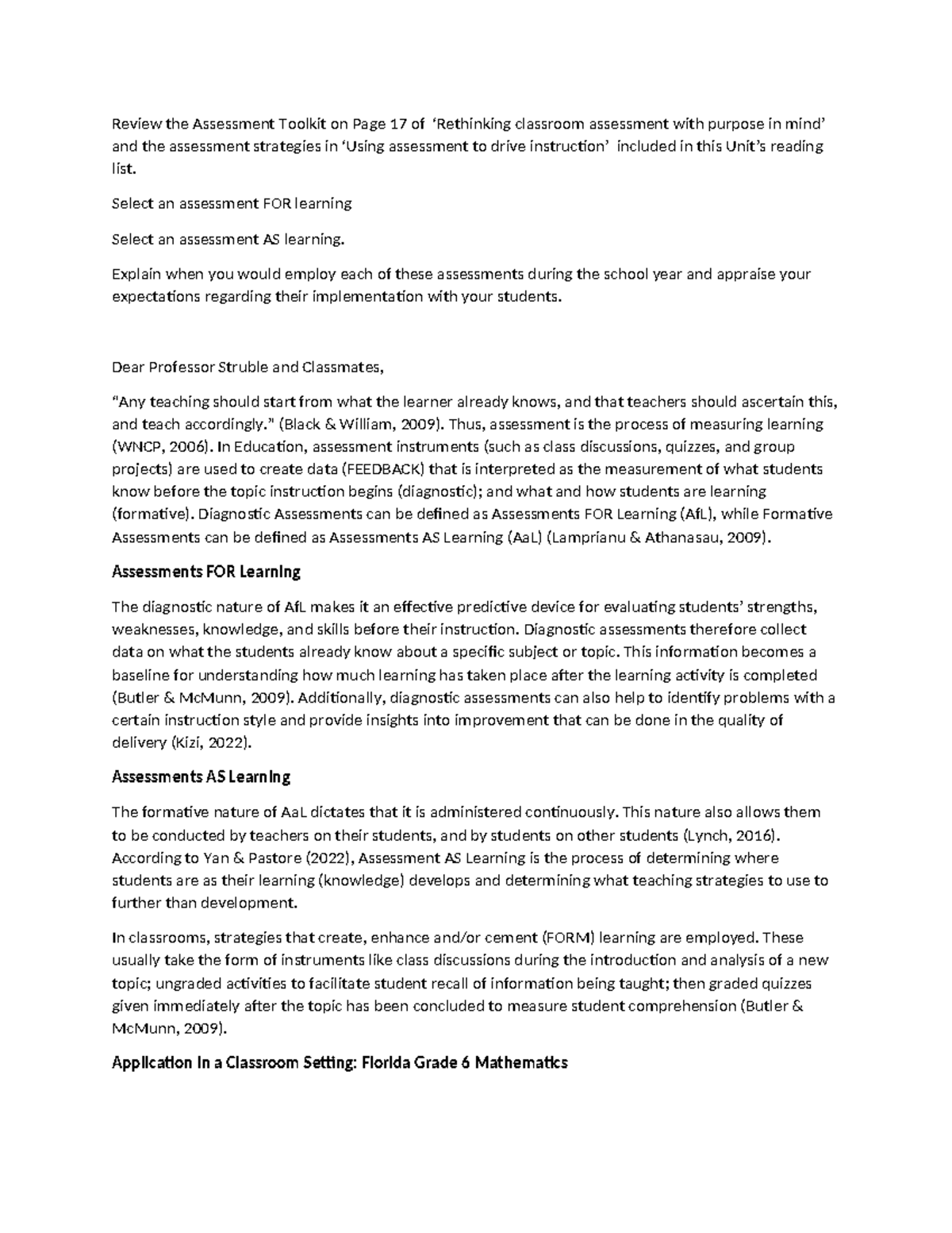 W5 Discussion: Exploring Assessments FOR and AS Learning in Class - Studocu