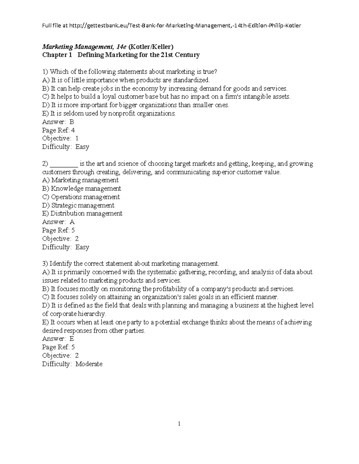 Marketing Management Chapter 1 Test Bank – Key Concepts and Answers ...
