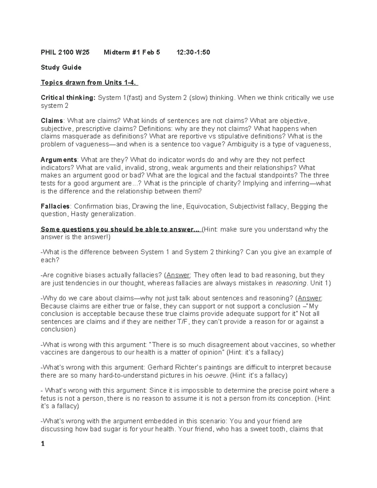 PHIL 2100 W25 Midterm 1 Study Guide: Critical Thinking & Arguments ...