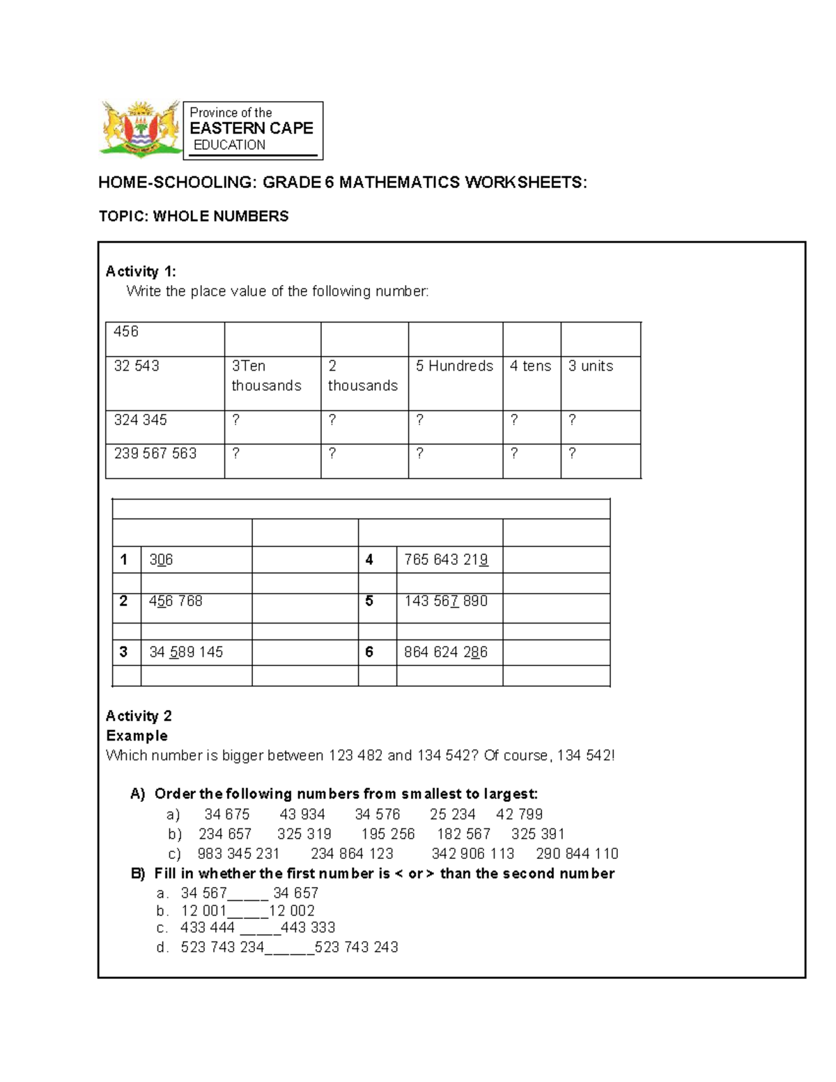 EASTERN CAPE EDUCATION GRADE 6 MATH WORKSHEETS: WHOLE NUMBERS & DECIMAL ...