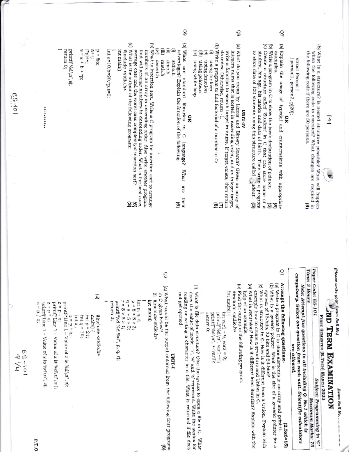 1st Sem 2023 Programming in C Final Exam Paper - Studocu