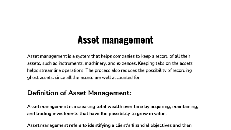 Asset Management Overview: Key Concepts and Benefits - Studocu