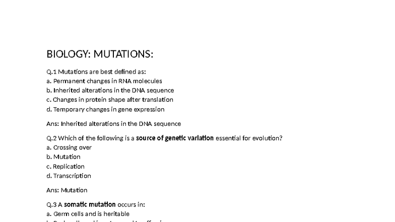 Biology 101: Practice Questions on Mutations and Cell Division - Studocu