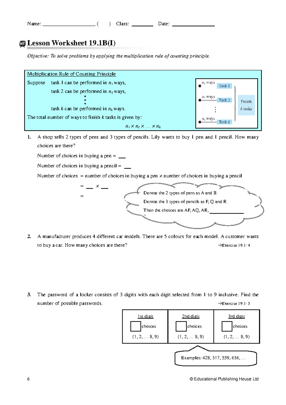 Lesson Worksheet 19.1B(I): Multiplication Rule of Counting Principles ...