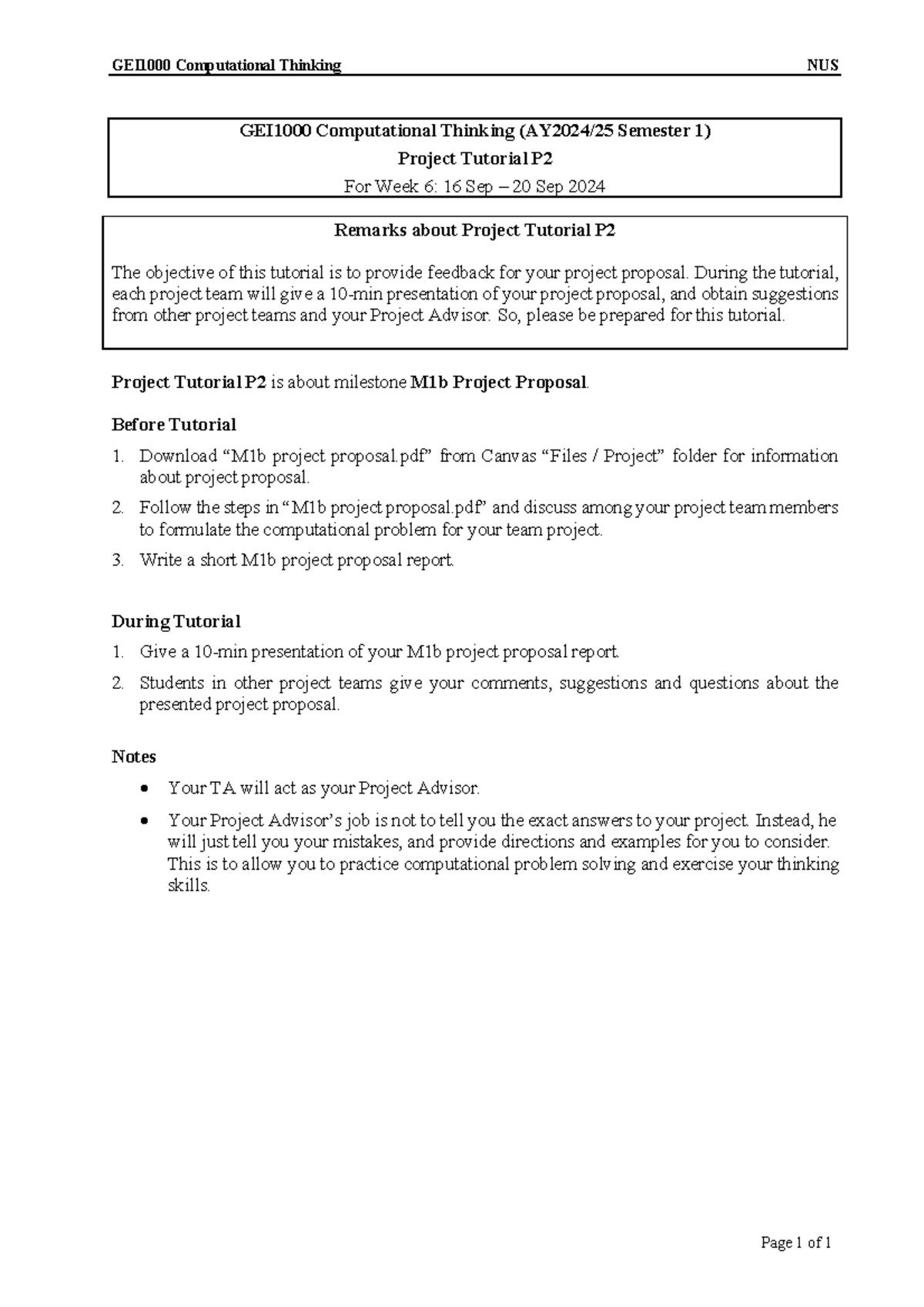 GEI1000 Project Tutorial P2: Milestone M1b Proposal Guidance - Studocu