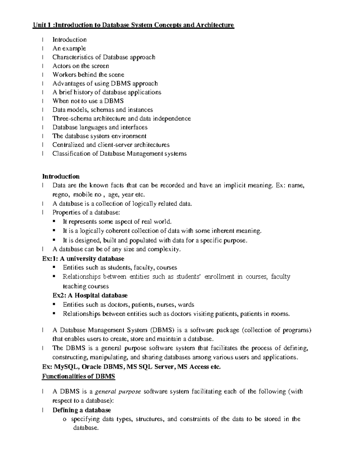 DBMS Lecture Notes - Unit 1: Introduction to Database Systems - Studocu