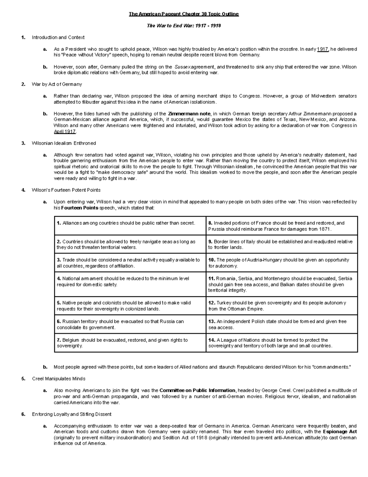 APUSH Chapter 30: Topic Outline on America's Entry into WWI - Studocu