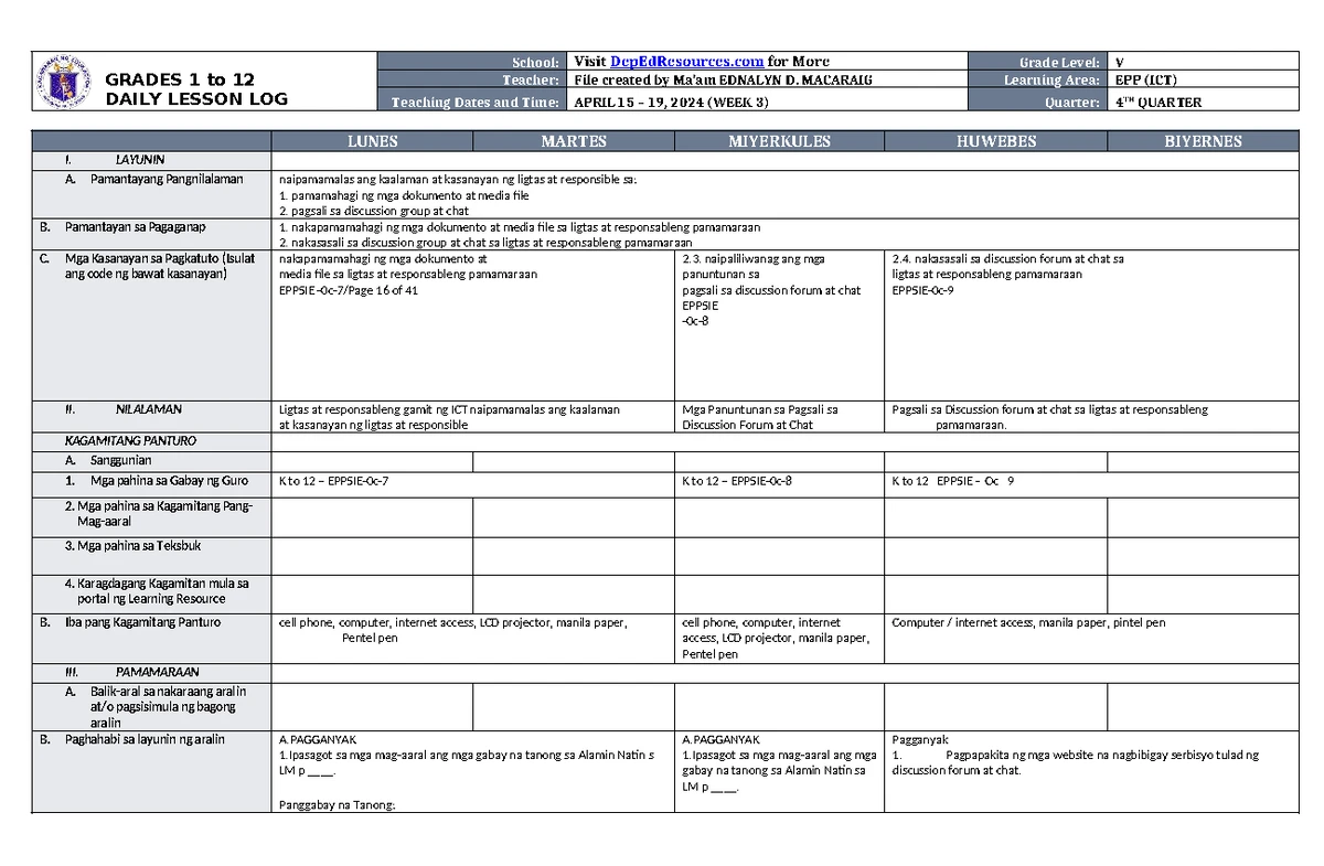 DLL EPP 5 Q4 W2 - practice materials - GRADES 1 to 12 DAILY LESSON LOG ...