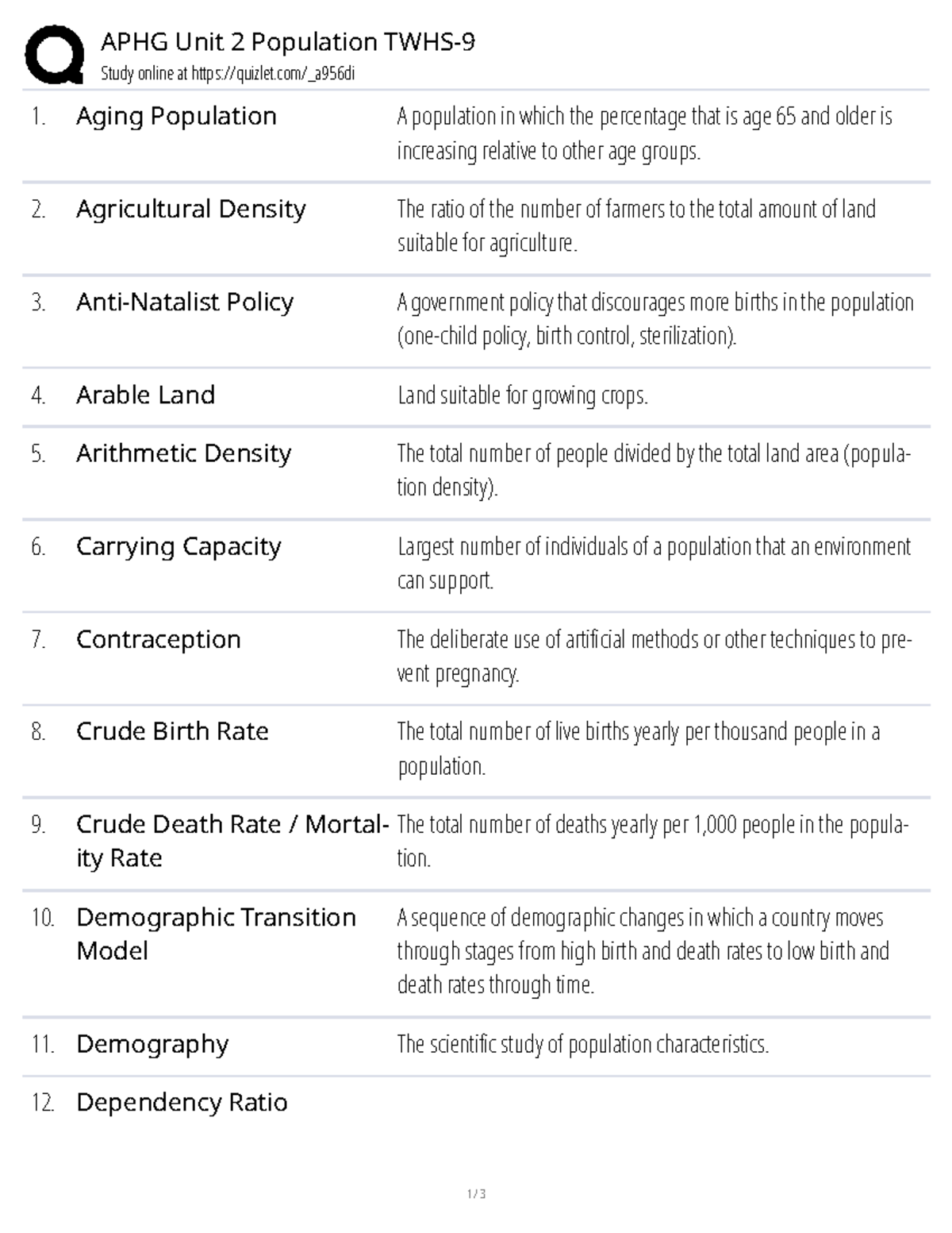 APHG Unit 2 Population Study Guide - Studocu