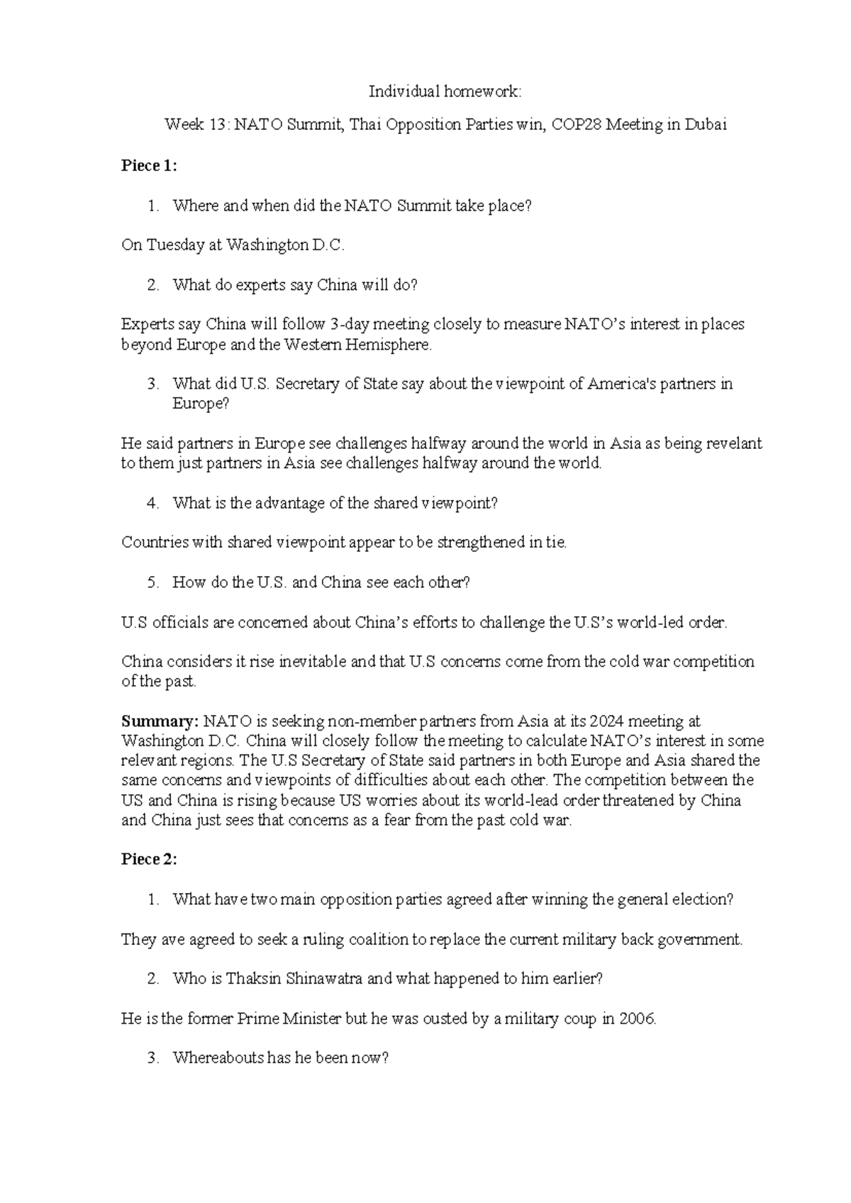 Unit 13 Summary - Individual homework: Week 13: NATO Summit, Thai ...