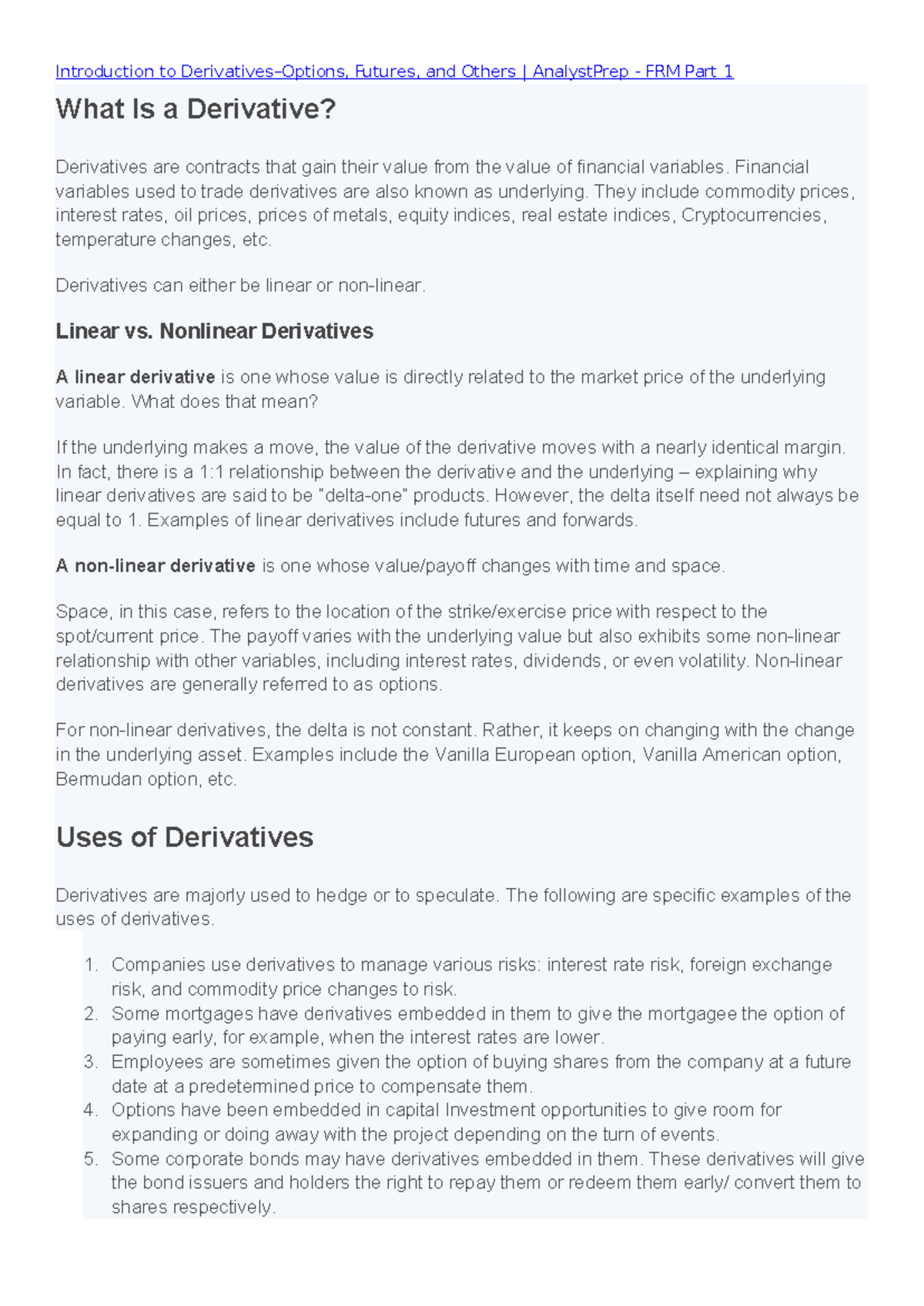 Introduction to Derivatives: Options, Futures, and More (FRM Part 1) -  Studocu