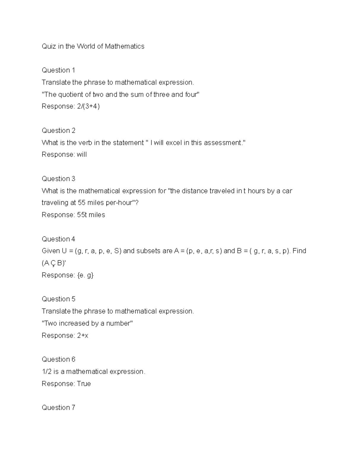 MATH100 - Mathematics Quiz on Expressions and Set Theory - Studocu