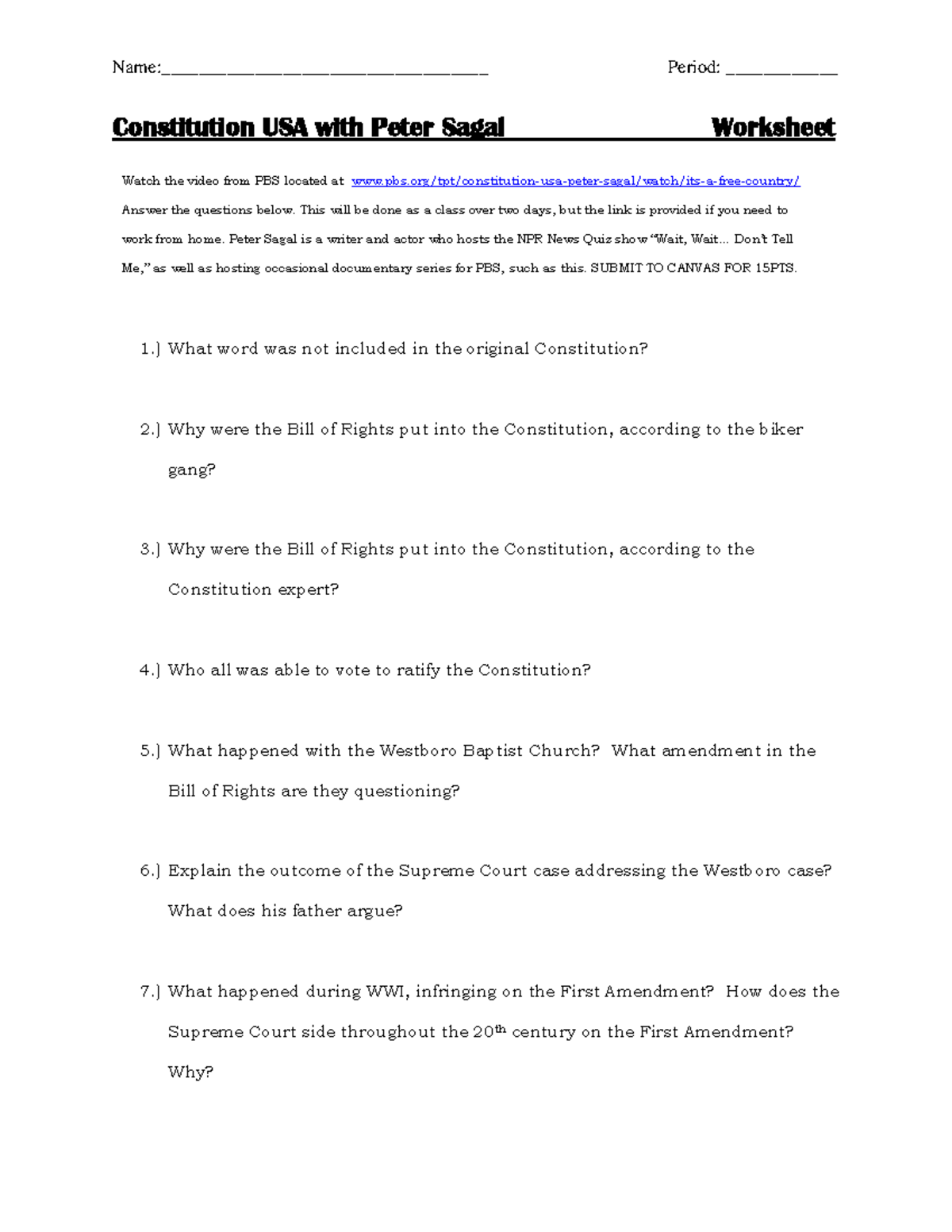 Constitution USA with Peter Sagal: Worksheet and Discussion Questions - Studocu