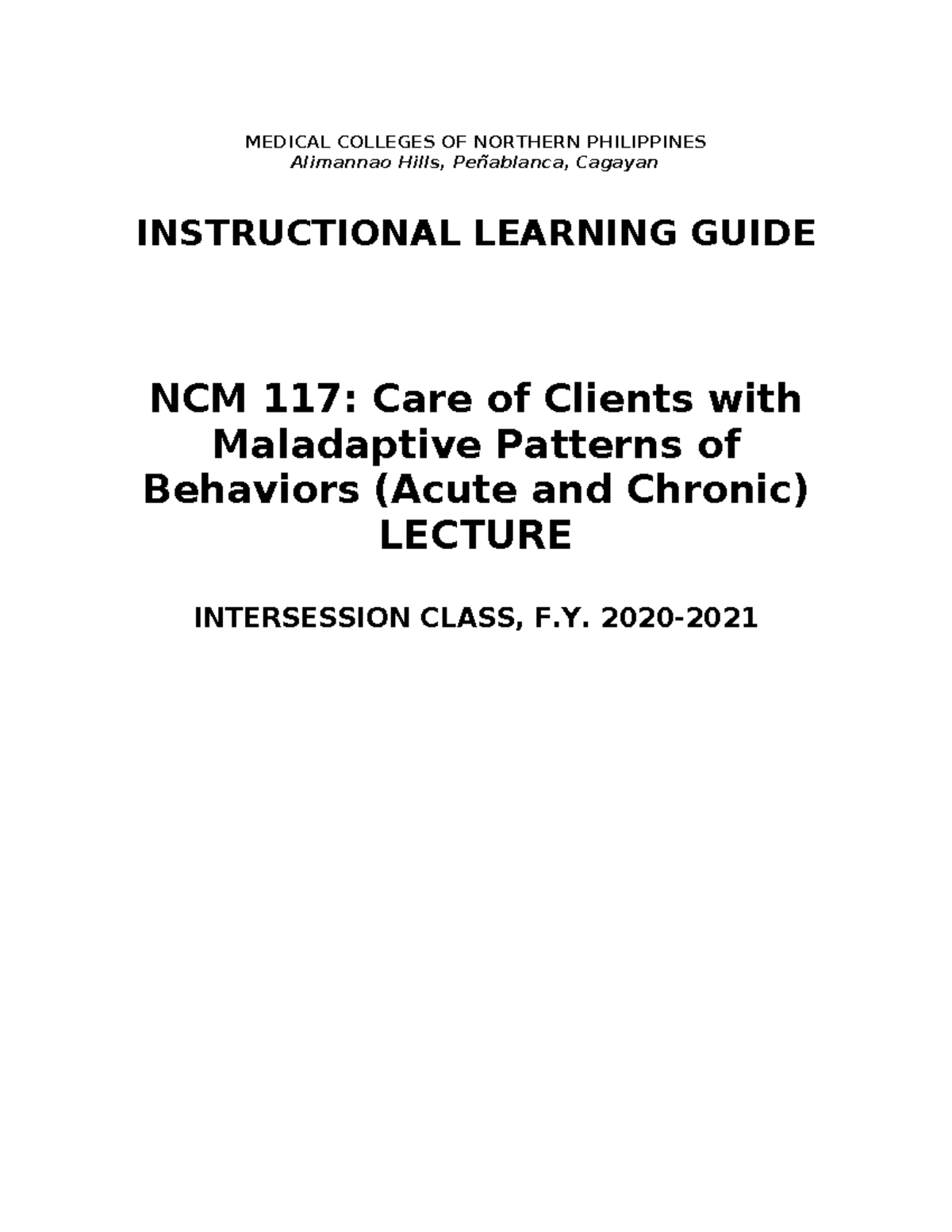 NCM 117 LEC ILG - Intersession Lecture on Psychiatric Nursing & Mental ...
