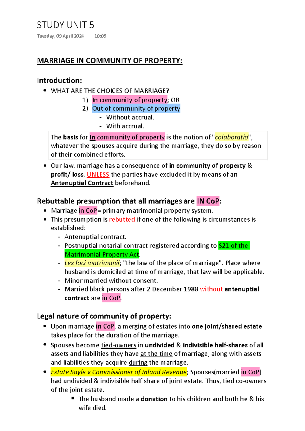 Study Unit 5: Marriage in Community of Property Insights - Studocu