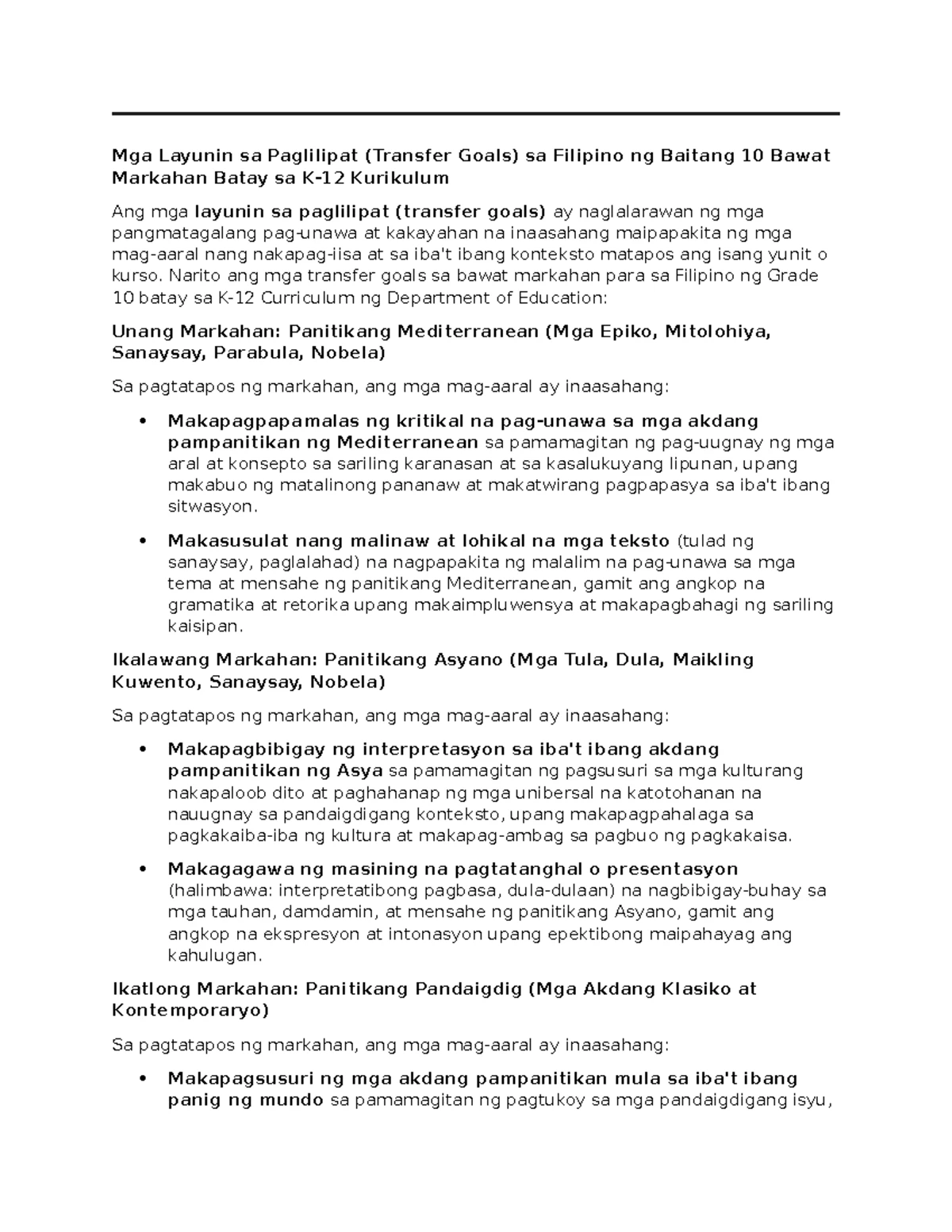 Grade 8 Filipino Transfer Goals: Quarterly Objectives and Activities ...