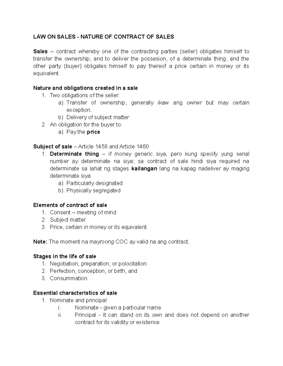 RFBT - Comprehensive Law on Sales and Cooperative Code Summary - Studocu