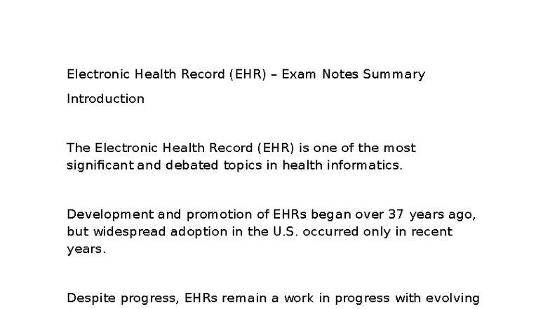 EHC 2023: Electronic Health Record (EHR) Exam Notes Summary - Studocu
