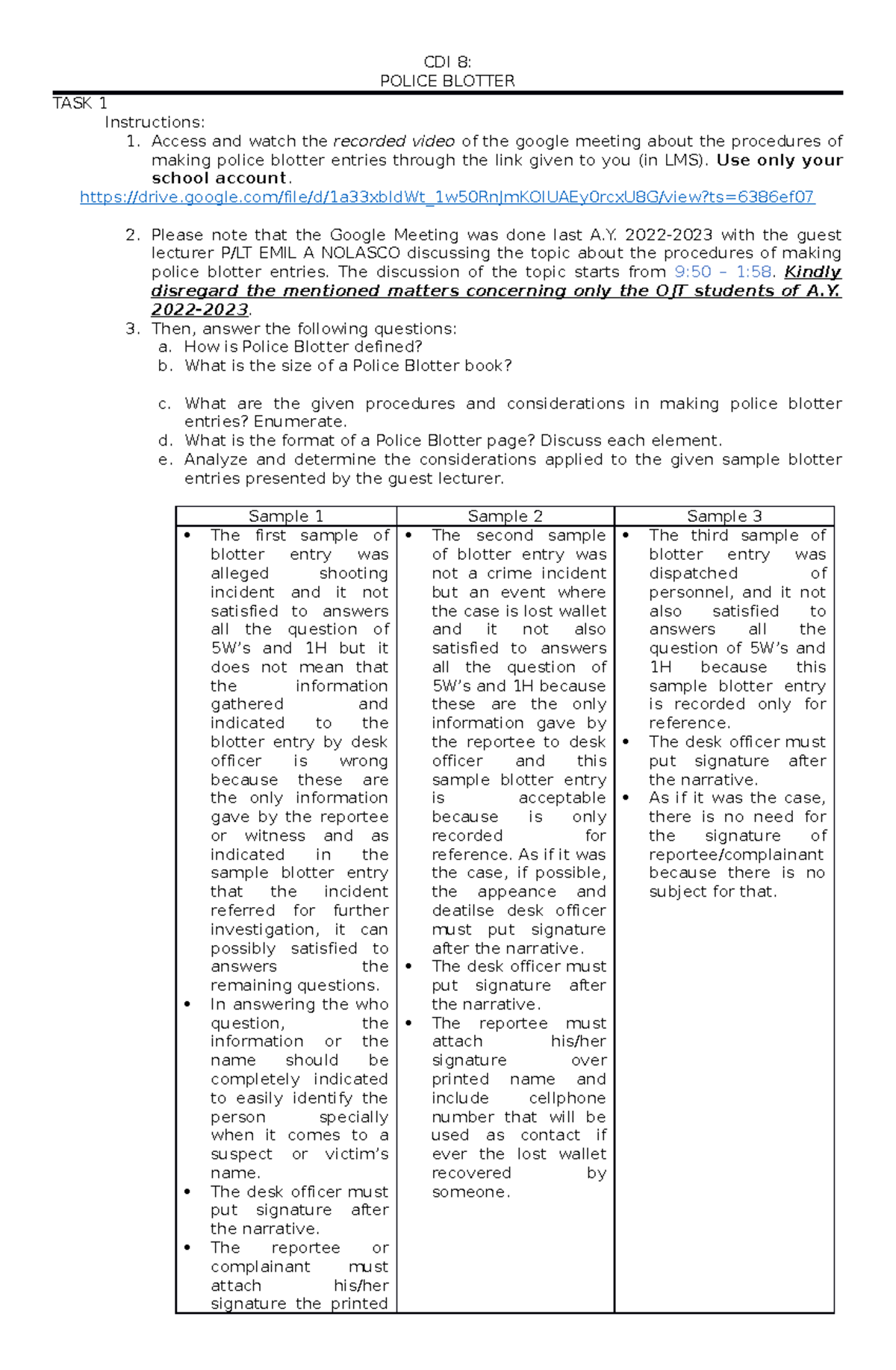 Tasks ON Police Blotter Entry CDI 8 POLICE BLOTTER TASK 1