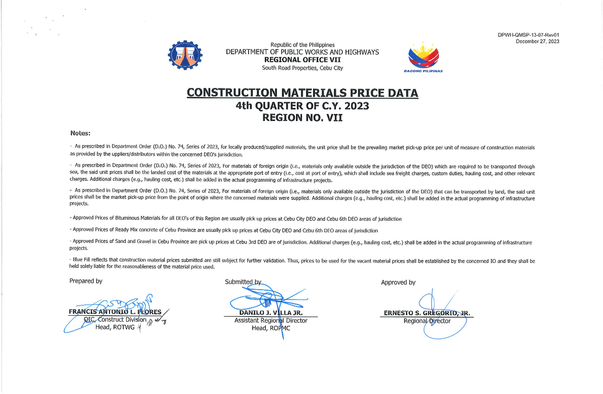 Approved Construction Materials Price Data - 4th Quarter 2023 (Region ...