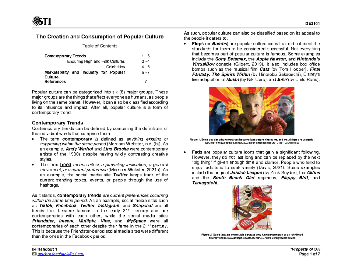 PPC4 - Analysis of Contemporary Trends in Popular Culture Handout - Studocu