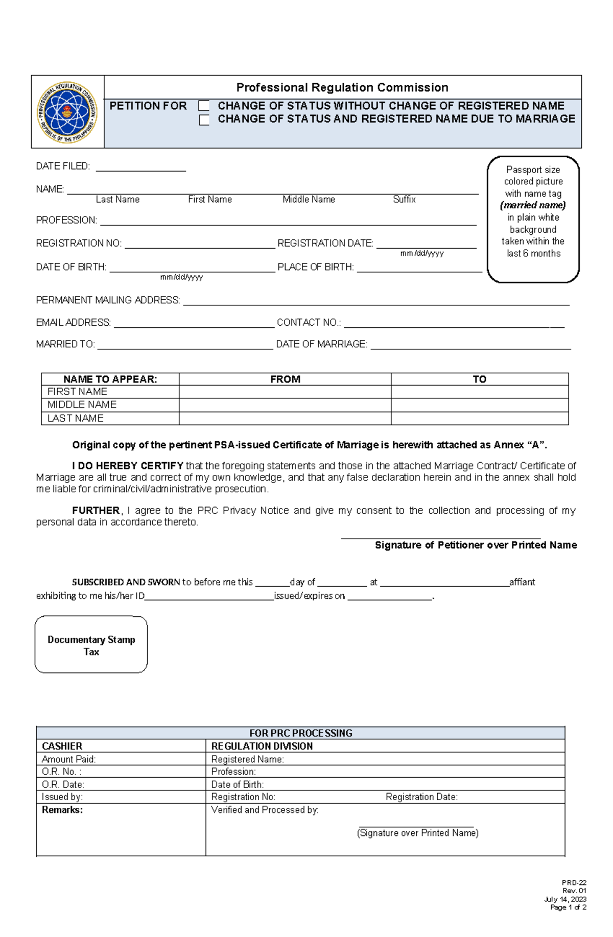 PRD-22 Rev 01 Petition for Change of Status Due to Marriage - Studocu