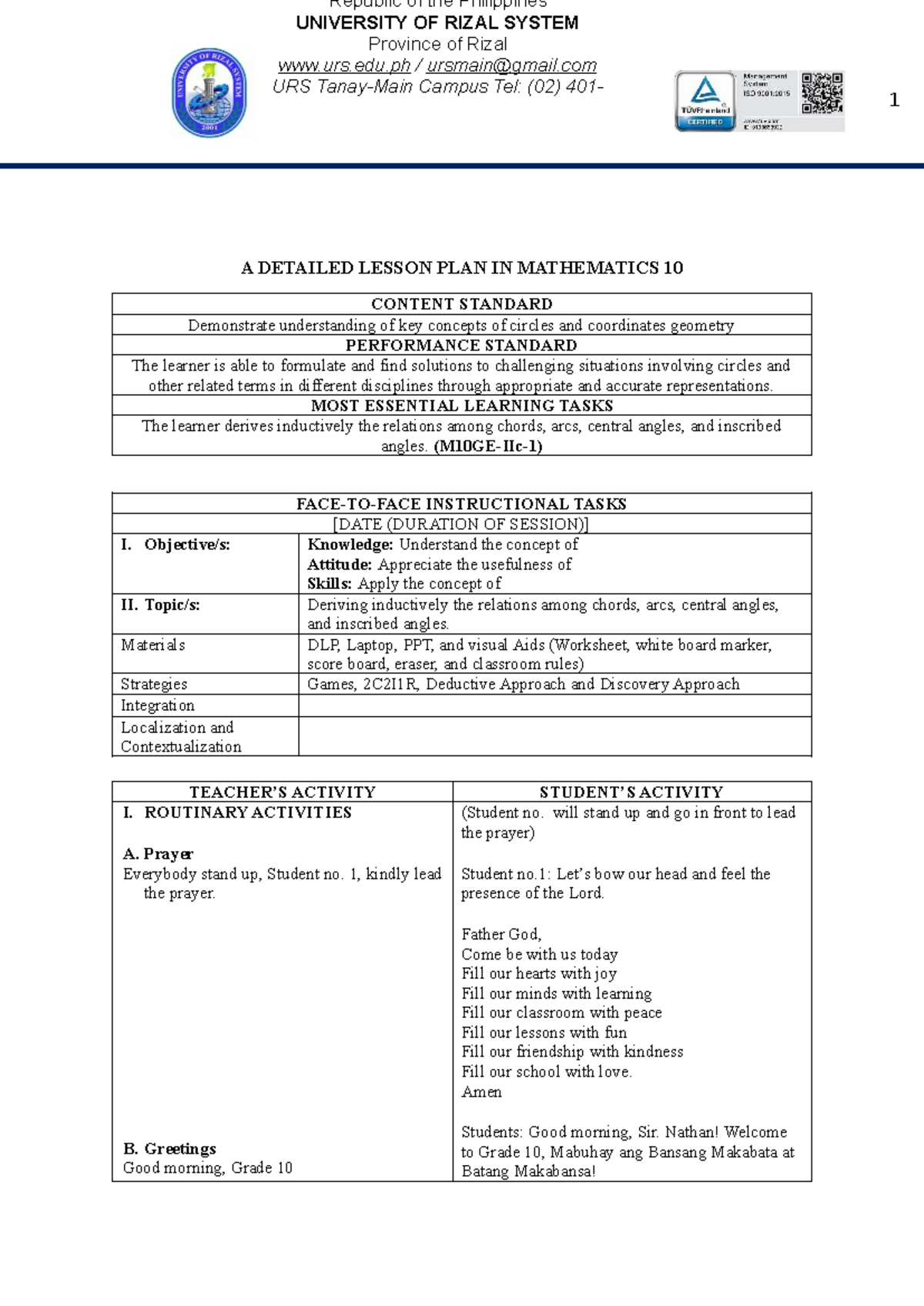 Detailed Lesson Plan in Mathematics 10: Circles & Geometry Concepts ...