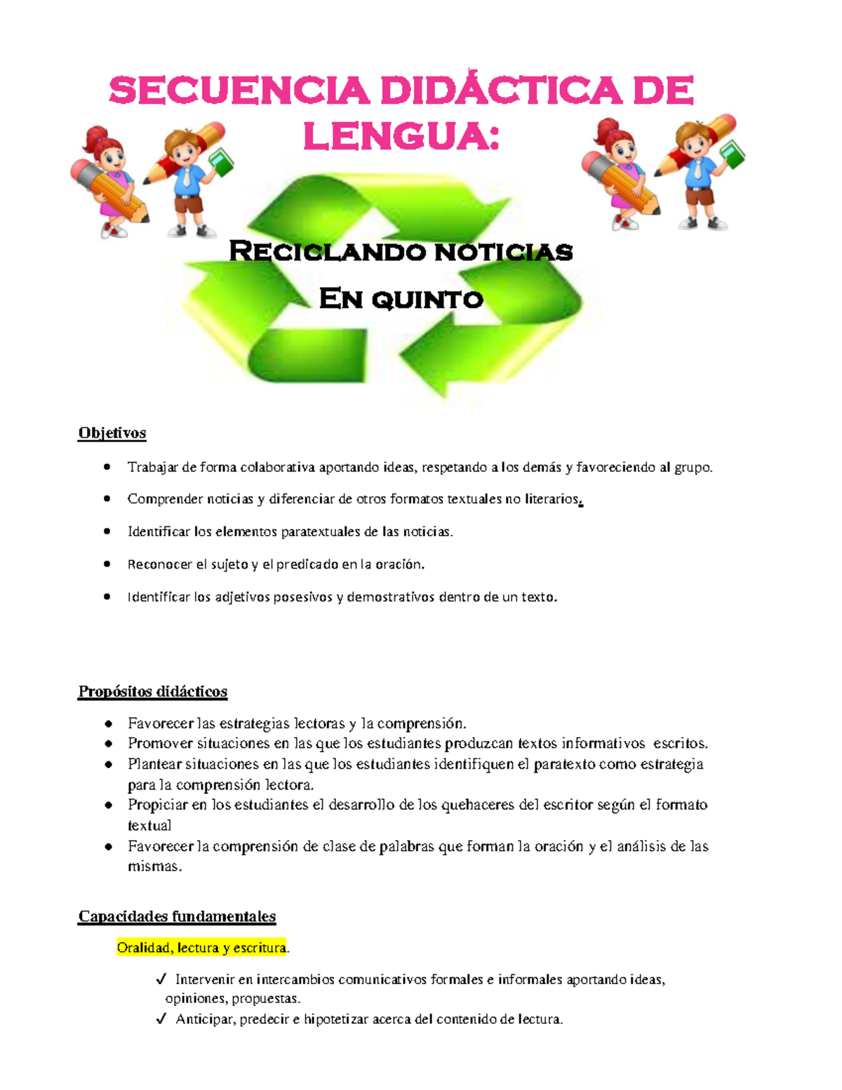 Secuencia Didáctica de Lengua en Quinto Grado: Reciclado de Noticias ...