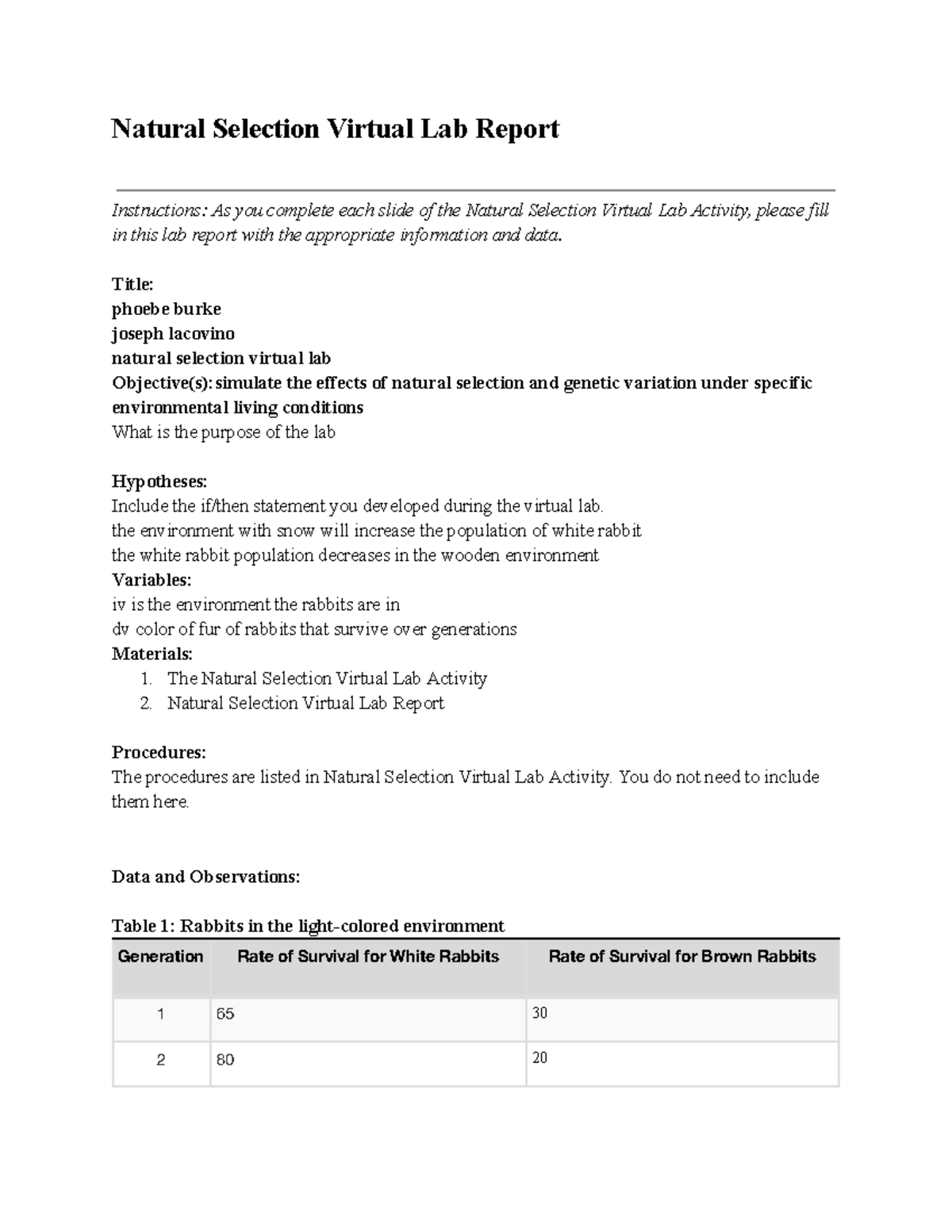 Natural Selection Virtual Lab Report (FLVS BIO 05 02) - Studocu