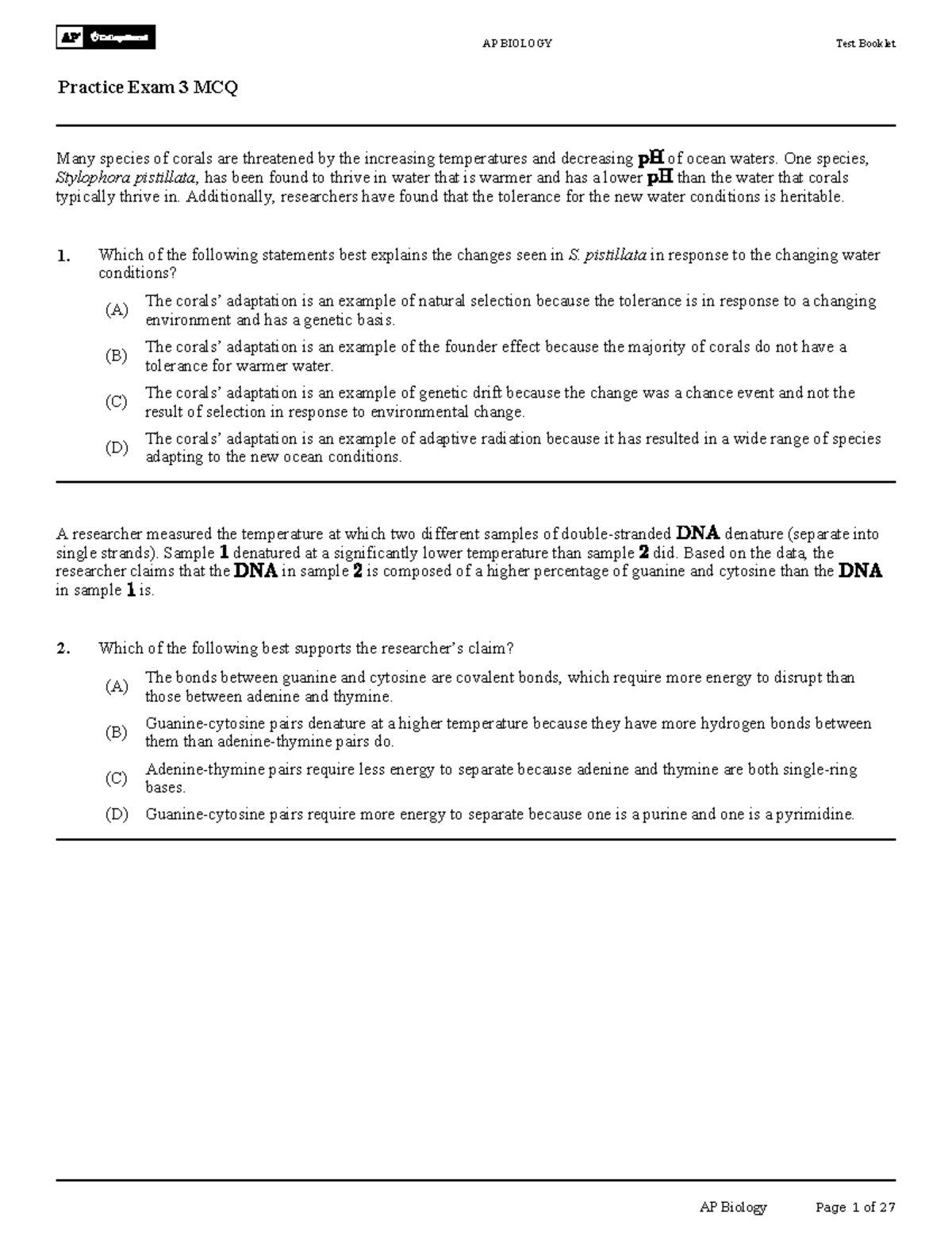 AP BIOLOGY Practice Exam 3 MCQ Review and Analysis - Studocu