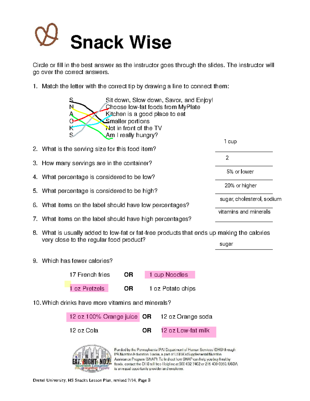 HPHS - HS Snack Wise Lesson Plan: Tips & Serving Sizes - Studocu