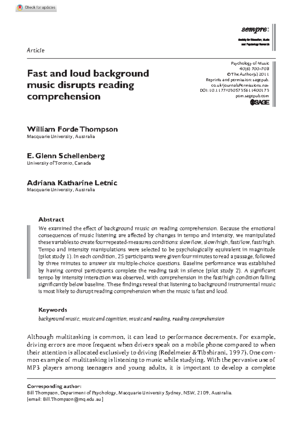 Effects of Background Music on Reading Comprehension: Exp Findings (PSY ...